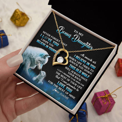 Forever Love Necklace 18K Yellow Gold Finish | 2 | Personalized To My Bonus Daughter Necklace From Stepdad Mom This Old Wolf Love Birthday Gifts Jewelry Graduation Christmas Customized Gift Box Message Card | siriusteestore