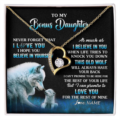 Forever Love Necklace 18K Yellow Gold Finish | 1 | Personalized To My Bonus Daughter Necklace From Stepdad Mom This Old Wolf Love Birthday Gifts Jewelry Graduation Christmas Customized Gift Box Message Card | siriusteestore