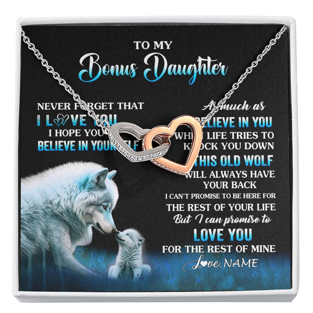 Interlocking Hearts Necklace Stainless Steel & Rose Gold Finish | 1 | Personalized To My Bonus Daughter Necklace From Stepdad Mom This Old Wolf Love Birthday Gifts Jewelry Graduation Christmas Customized Gift Box Message Card | siriusteestore