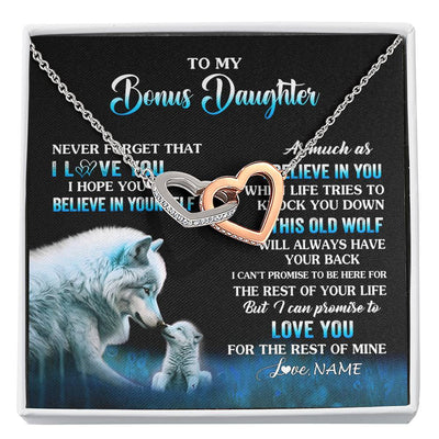 Interlocking Hearts Necklace Stainless Steel & Rose Gold Finish | 1 | Personalized To My Bonus Daughter Necklace From Stepdad Mom This Old Wolf Love Birthday Gifts Jewelry Graduation Christmas Customized Gift Box Message Card | siriusteestore