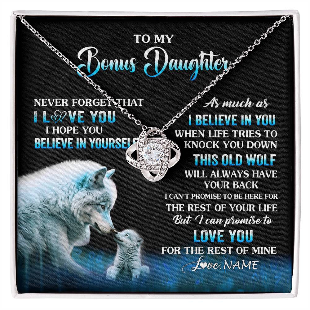 Love Knot Necklace 14K White Gold Finish | 1 | Personalized To My Bonus Daughter Necklace From Stepdad Mom This Old Wolf Love Birthday Gifts Jewelry Graduation Christmas Customized Gift Box Message Card | siriusteestore