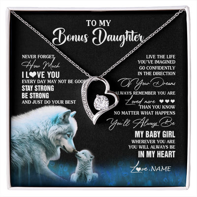 Forever Love Necklace 14K White Gold Finish | 1 | Personalized To My Bonus Daughter Necklace From Stepdad Mom Wolf Never Forget How Much I Love You Birthday Gifts Christmas Customized Gift Box Message Card | siriusteestore