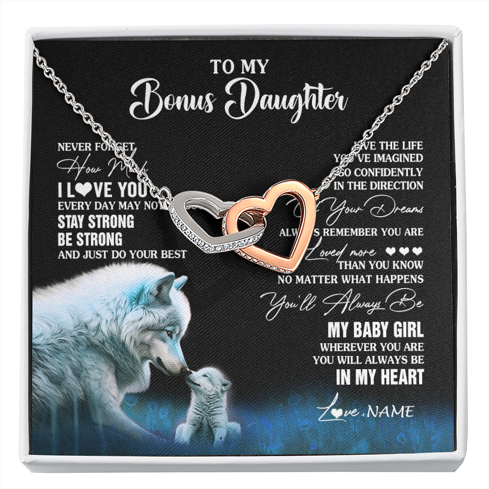 Interlocking Hearts Necklace Stainless Steel & Rose Gold Finish | 1 | Personalized To My Bonus Daughter Necklace From Stepdad Mom Wolf Never Forget How Much I Love You Birthday Gifts Christmas Customized Gift Box Message Card | siriusteestore
