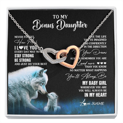 Interlocking Hearts Necklace Stainless Steel & Rose Gold Finish | 1 | Personalized To My Bonus Daughter Necklace From Stepdad Mom Wolf Never Forget How Much I Love You Birthday Gifts Christmas Customized Gift Box Message Card | siriusteestore