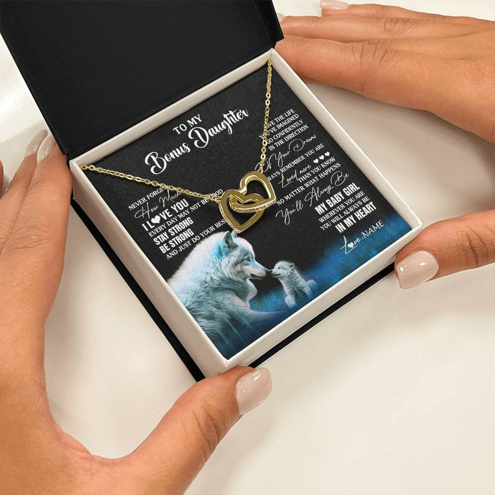 Interlocking Hearts Necklace 18K Yellow Gold Finish | 2 | Personalized To My Bonus Daughter Necklace From Stepdad Mom Wolf Never Forget How Much I Love You Birthday Gifts Christmas Customized Gift Box Message Card | siriusteestore