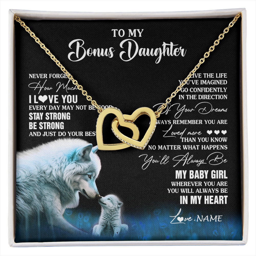 Interlocking Hearts Necklace 18K Yellow Gold Finish | 1 | Personalized To My Bonus Daughter Necklace From Stepdad Mom Wolf Never Forget How Much I Love You Birthday Gifts Christmas Customized Gift Box Message Card | siriusteestore