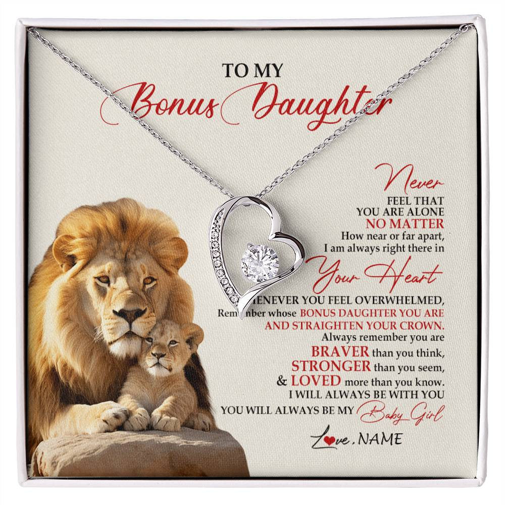 Forever Love Necklace 14K White Gold Finish | 1 | Personalized To My Bonus Daughter Necklace From Stepdad Never Feel You Are Alone Lion Stepdaughter Birthday Christmas Customized Gift Box Message Card | siriusteestore