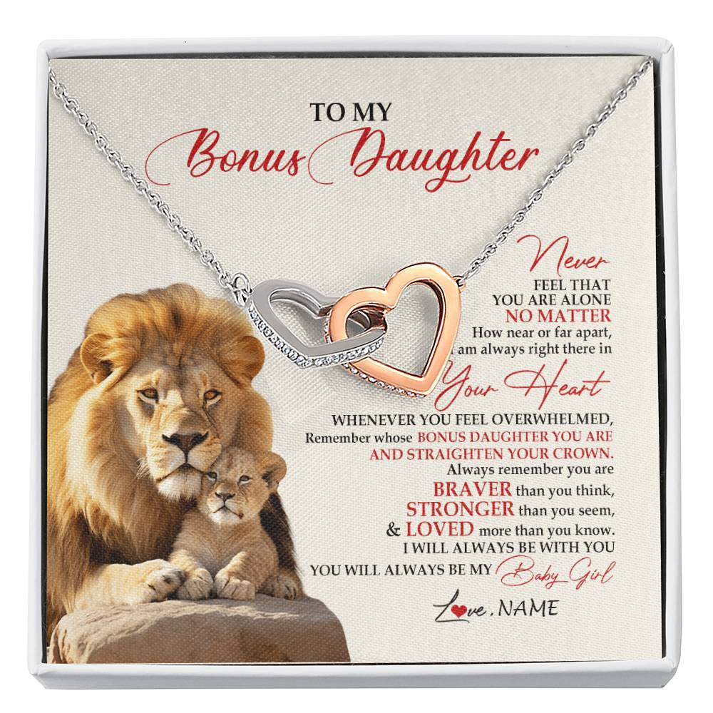 Interlocking Hearts Necklace Stainless Steel & Rose Gold Finish | 1 | Personalized To My Bonus Daughter Necklace From Stepdad Never Feel You Are Alone Lion Stepdaughter Birthday Christmas Customized Gift Box Message Card | siriusteestore