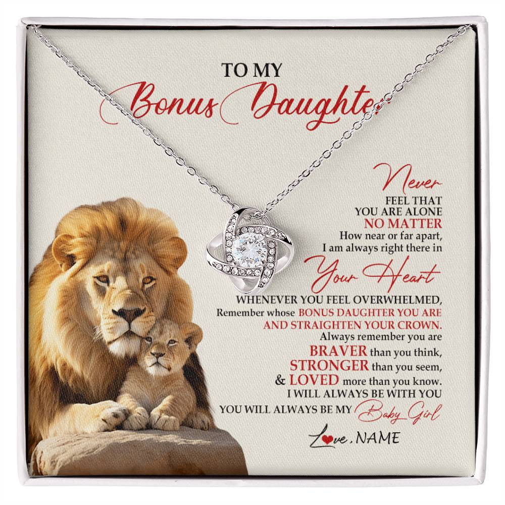 Love Knot Necklace 14K White Gold Finish | 1 | Personalized To My Bonus Daughter Necklace From Stepdad Never Feel You Are Alone Lion Stepdaughter Birthday Christmas Customized Gift Box Message Card | siriusteestore