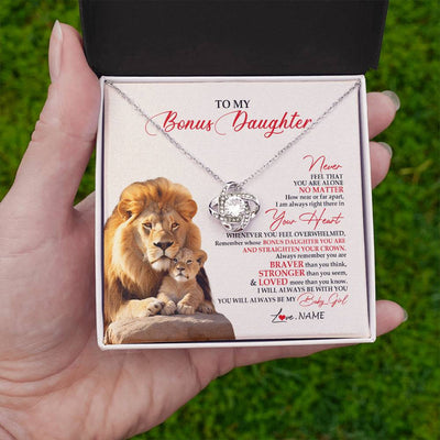 Love Knot Necklace 14K White Gold Finish | 2 | Personalized To My Bonus Daughter Necklace From Stepdad Never Feel You Are Alone Lion Stepdaughter Birthday Christmas Customized Gift Box Message Card | siriusteestore
