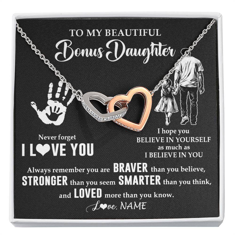 Interlocking Hearts Necklace Stainless Steel & Rose Gold Finish | 1 | Personalized To My Bonus Daughter Necklace From Stepdad Never Forget I Love You Stepdaughter Birthday Christmas Graduation Customized Gift Box Message Card | siriusteestore