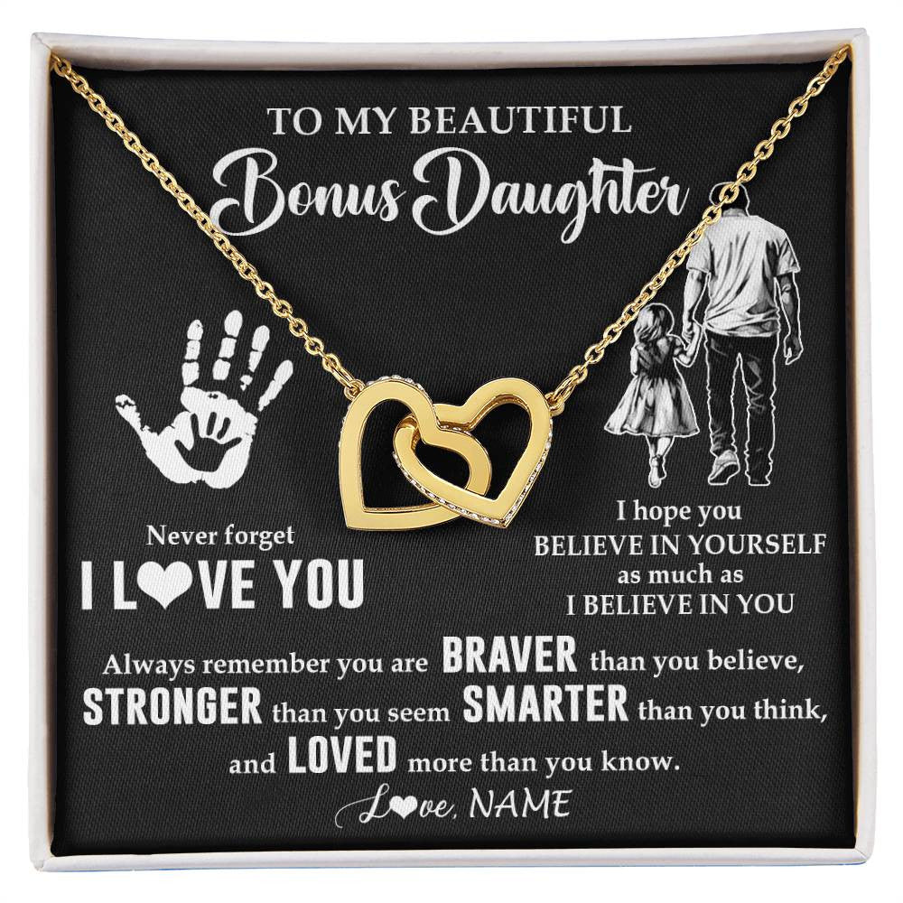 Interlocking Hearts Necklace 18K Yellow Gold Finish | 1 | Personalized To My Bonus Daughter Necklace From Stepdad Never Forget I Love You Stepdaughter Birthday Christmas Graduation Customized Gift Box Message Card | siriusteestore