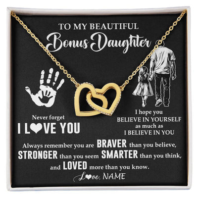Interlocking Hearts Necklace 18K Yellow Gold Finish | 1 | Personalized To My Bonus Daughter Necklace From Stepdad Never Forget I Love You Stepdaughter Birthday Christmas Graduation Customized Gift Box Message Card | siriusteestore