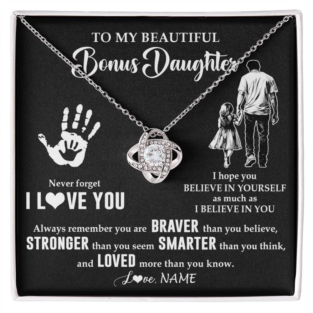 Love Knot Necklace 14K White Gold Finish | 1 | Personalized To My Bonus Daughter Necklace From Stepdad Never Forget I Love You Stepdaughter Birthday Christmas Graduation Customized Gift Box Message Card | siriusteestore