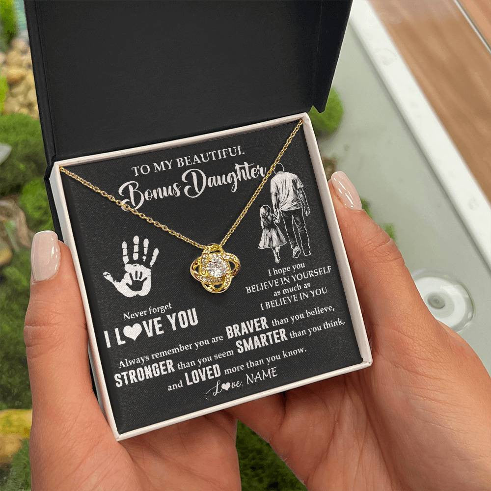 Love Knot Necklace 18K Yellow Gold Finish | 2 | Personalized To My Bonus Daughter Necklace From Stepdad Never Forget I Love You Stepdaughter Birthday Christmas Graduation Customized Gift Box Message Card | siriusteestore