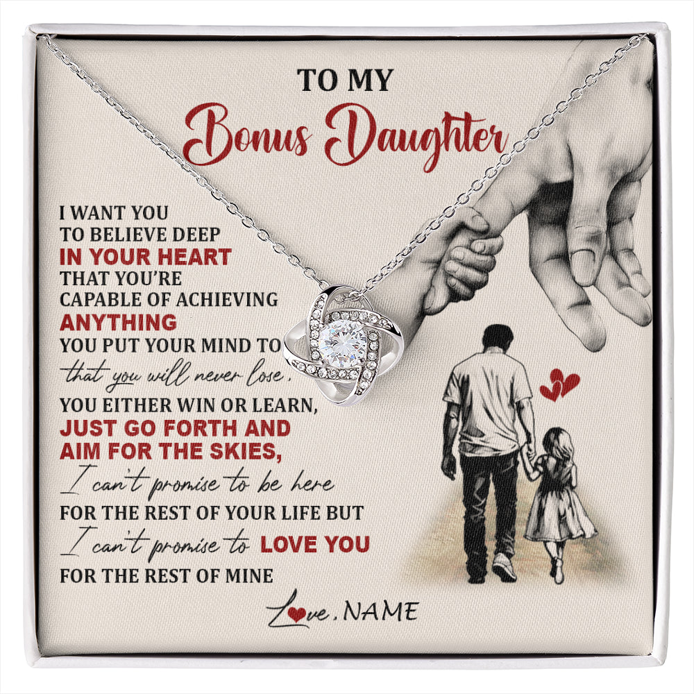 Love Knot Necklace 14K White Gold Finish | 1 | Personalized To My Bonus Daughter Necklace From Stepdad Promise To Love You Stepddaughter Birthday Valentines Day Christmas Customized Gift Box Message Card | siriusteestore