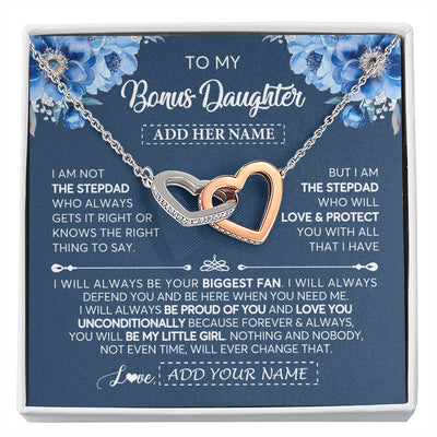 Interlocking Hearts Necklace Stainless Steel & Rose Gold Finish | 1 | Personalized To My Bonus Daughter Necklace From Stepdad Proud Of You Birthday Gifts For Stepdaughter Jewelry Gifts Christmas Custom Gift Box Message Card | https://siriusteestore.
