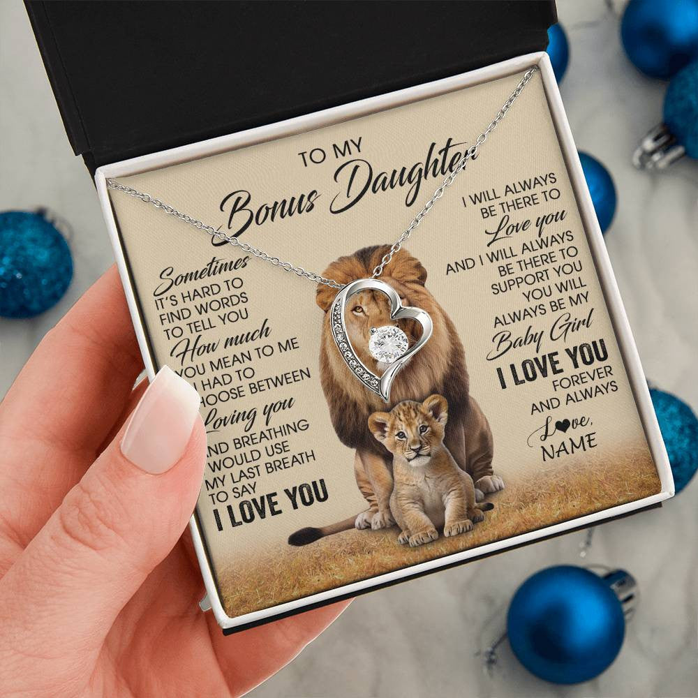 Forever Love Necklace 14K White Gold Finish | 2 | Personalized To My Bonus Daughter Necklace From Stepdad Sometimes It's Hard Lion Stepdaughter Gift Birthday Jewelry Christmas Customized Gift Box Message Card | siriusteestore