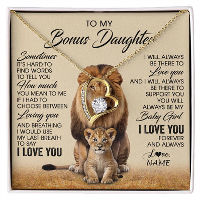 Forever Love Necklace 18K Yellow Gold Finish | 1 | Personalized To My Bonus Daughter Necklace From Stepdad Sometimes It's Hard Lion Stepdaughter Gift Birthday Jewelry Christmas Customized Gift Box Message Card | siriusteestore