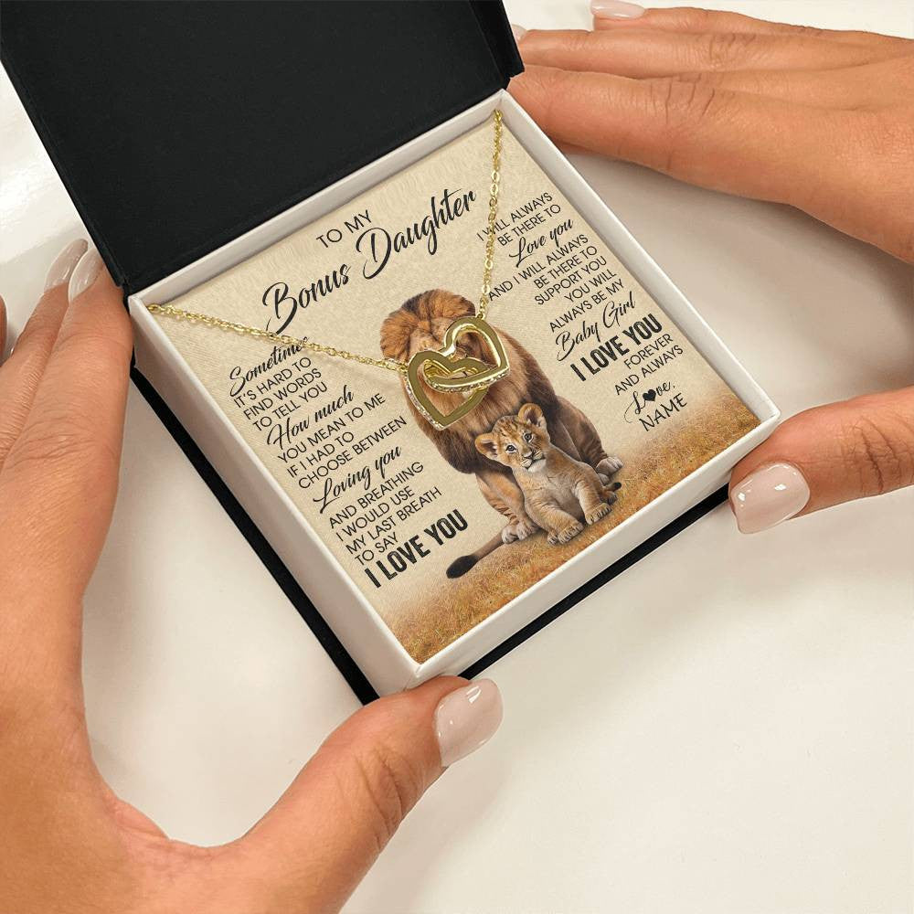 Interlocking Hearts Necklace 18K Yellow Gold Finish | 2 | Personalized To My Bonus Daughter Necklace From Stepdad Sometimes It's Hard Lion Stepdaughter Gift Birthday Jewelry Christmas Customized Gift Box Message Card | siriusteestore