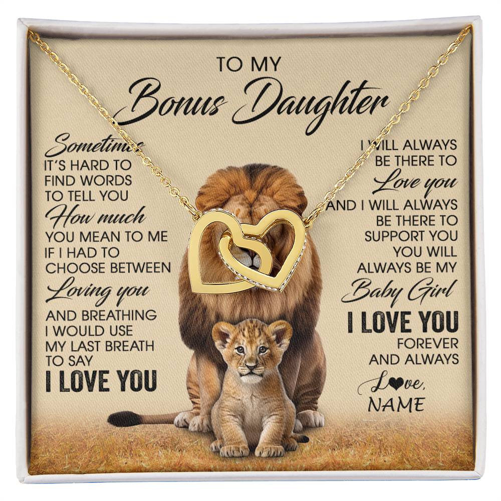 Interlocking Hearts Necklace 18K Yellow Gold Finish | 1 | Personalized To My Bonus Daughter Necklace From Stepdad Sometimes It's Hard Lion Stepdaughter Gift Birthday Jewelry Christmas Customized Gift Box Message Card | siriusteestore