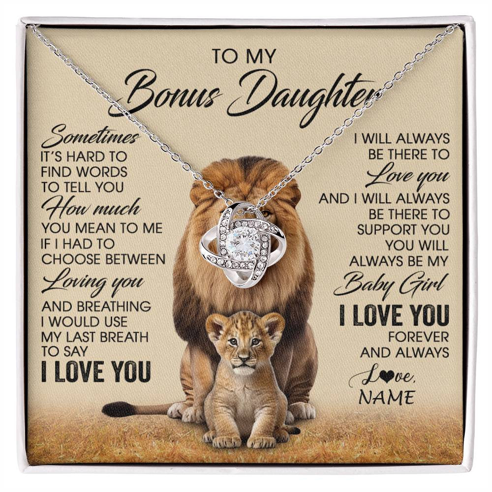 Love Knot Necklace 14K White Gold Finish | 1 | Personalized To My Bonus Daughter Necklace From Stepdad Sometimes It's Hard Lion Stepdaughter Gift Birthday Jewelry Christmas Customized Gift Box Message Card | siriusteestore