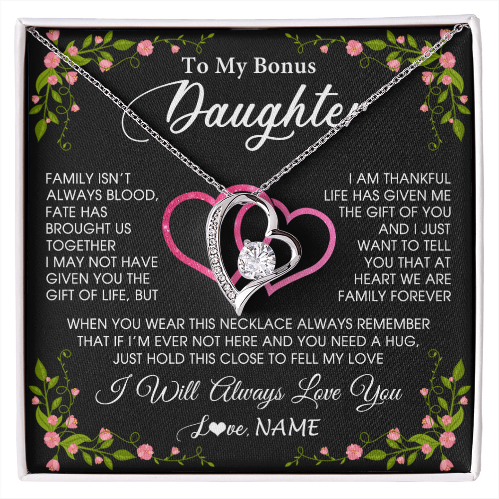 Forever Love Necklace 14K White Gold Finish | 1 | Personalized To My Bonus Daughter Necklace From Stepdad Stepmom Family Unbiological Step Daughter Birthday Gifts Christmas Customized Gift Box Message Card | siriusteestore