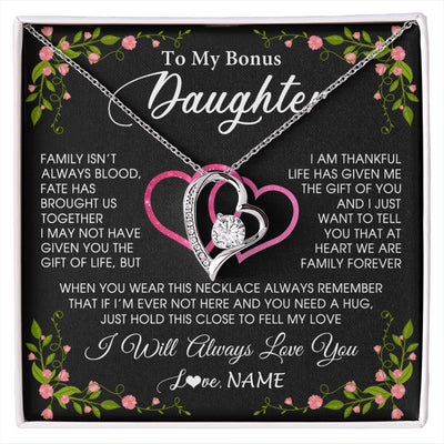 Forever Love Necklace 14K White Gold Finish | 1 | Personalized To My Bonus Daughter Necklace From Stepdad Stepmom Family Unbiological Step Daughter Birthday Gifts Christmas Customized Gift Box Message Card | siriusteestore