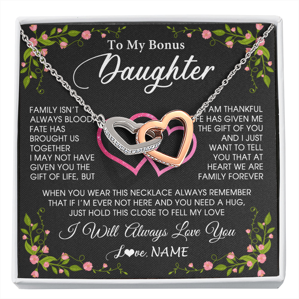 Interlocking Hearts Necklace Stainless Steel & Rose Gold Finish | 1 | Personalized To My Bonus Daughter Necklace From Stepdad Stepmom Family Unbiological Step Daughter Birthday Gifts Christmas Customized Gift Box Message Card | siriusteestore