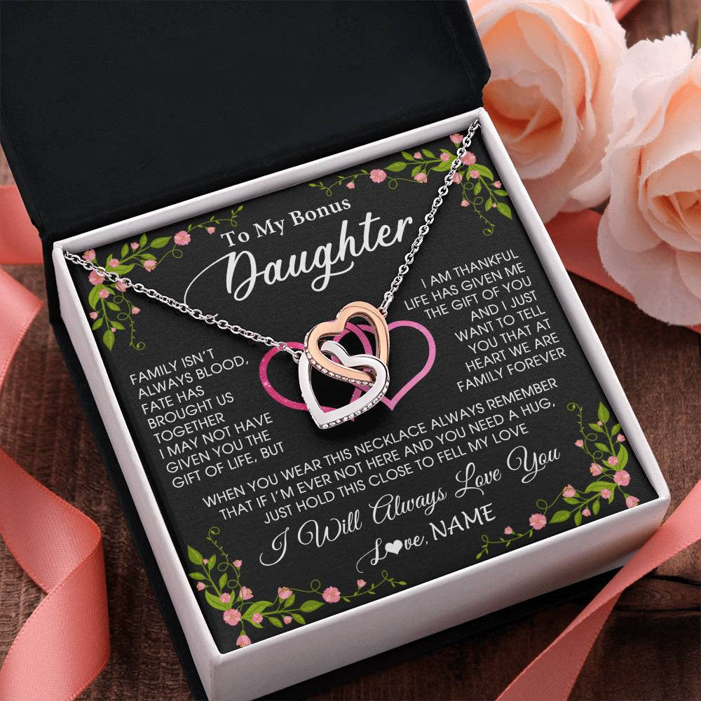 Interlocking Hearts Necklace Stainless Steel & Rose Gold Finish | 2 | Personalized To My Bonus Daughter Necklace From Stepdad Stepmom Family Unbiological Step Daughter Birthday Gifts Christmas Customized Gift Box Message Card | siriusteestore