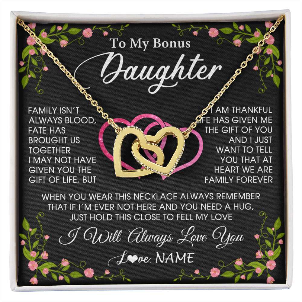 Interlocking Hearts Necklace 18K Yellow Gold Finish | 1 | Personalized To My Bonus Daughter Necklace From Stepdad Stepmom Family Unbiological Step Daughter Birthday Gifts Christmas Customized Gift Box Message Card | siriusteestore