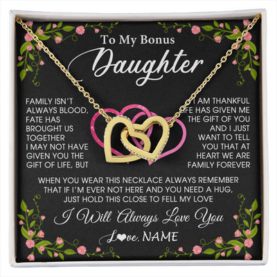 Interlocking Hearts Necklace 18K Yellow Gold Finish | 1 | Personalized To My Bonus Daughter Necklace From Stepdad Stepmom Family Unbiological Step Daughter Birthday Gifts Christmas Customized Gift Box Message Card | siriusteestore