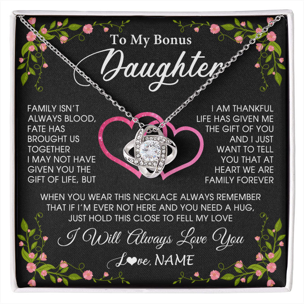 Love Knot Necklace 14K White Gold Finish | 1 | Personalized To My Bonus Daughter Necklace From Stepdad Stepmom Family Unbiological Step Daughter Birthday Gifts Christmas Customized Gift Box Message Card | siriusteestore