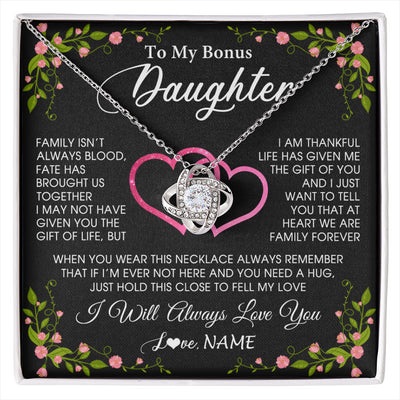 Love Knot Necklace 14K White Gold Finish | 1 | Personalized To My Bonus Daughter Necklace From Stepdad Stepmom Family Unbiological Step Daughter Birthday Gifts Christmas Customized Gift Box Message Card | siriusteestore