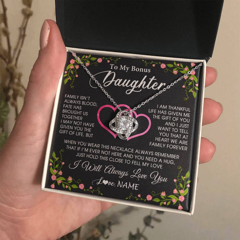 Love Knot Necklace 14K White Gold Finish | 2 | Personalized To My Bonus Daughter Necklace From Stepdad Stepmom Family Unbiological Step Daughter Birthday Gifts Christmas Customized Gift Box Message Card | siriusteestore