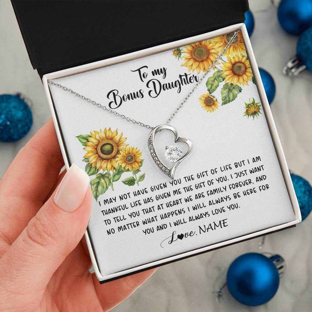 Forever Love Necklace 14K White Gold Finish | 2 | Personalized To My Bonus Daughter Necklace From Stepdad Stepmom Sunflower Unbiological Daughter Stepdaughter On Her Birthday Gifts Christmas Message Card | siriusteestore