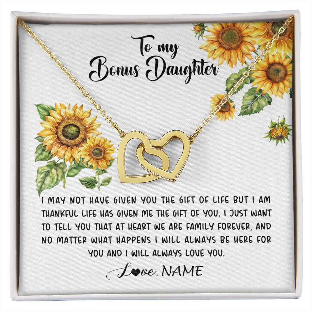 Interlocking Hearts Necklace 18K Yellow Gold Finish | 1 | Personalized To My Bonus Daughter Necklace From Stepdad Stepmom Sunflower Unbiological Daughter Stepdaughter On Her Birthday Gifts Christmas Message Card | siriusteestore