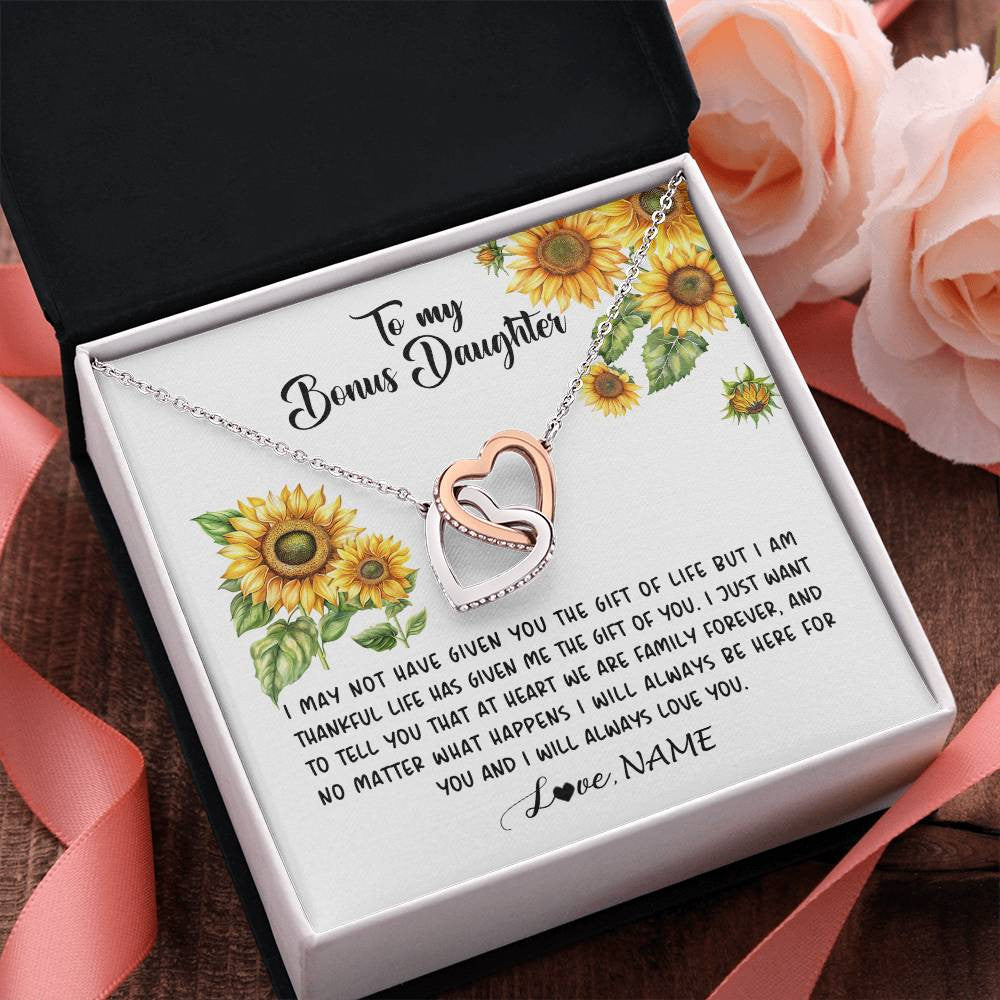 Interlocking Hearts Necklace Stainless Steel & Rose Gold Finish | 2 | Personalized To My Bonus Daughter Necklace From Stepdad Stepmom Sunflower Unbiological Daughter Stepdaughter On Her Birthday Gifts Christmas Message Card | siriusteestore