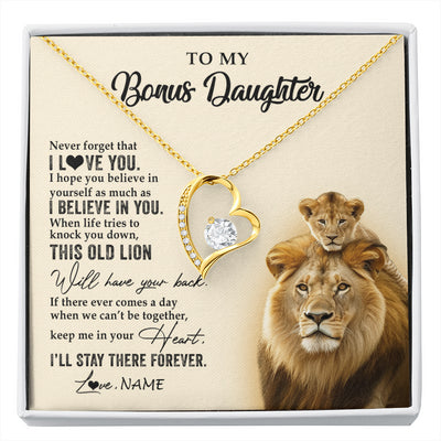 Forever Love Necklace 18K Yellow Gold Finish | 1 | Personalized To My Bonus Daughter Necklace From Stepdad This Old Lion Never Forget I Love You Stepdaughter Birthday Christmas Customized Gift Box Message Card | siriusteestore