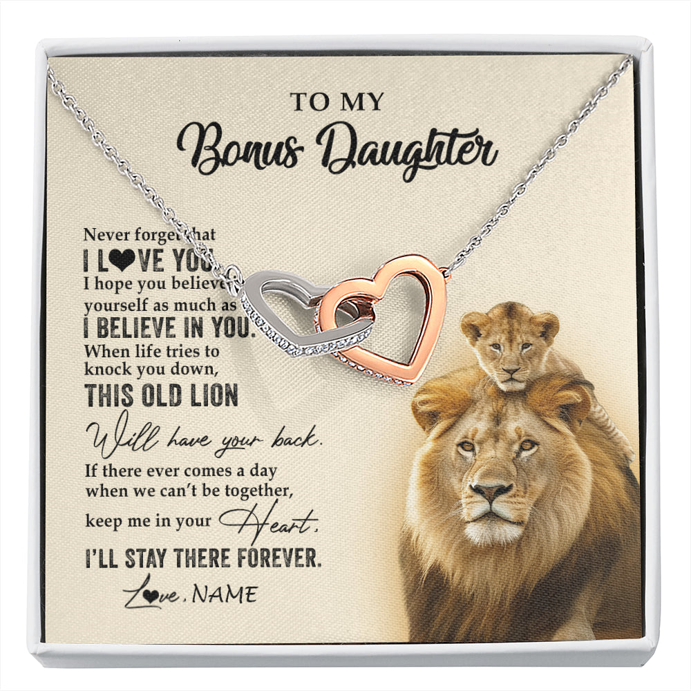 Interlocking Hearts Necklace Stainless Steel & Rose Gold Finish | 1 | Personalized To My Bonus Daughter Necklace From Stepdad This Old Lion Never Forget I Love You Stepdaughter Birthday Christmas Customized Gift Box Message Card | siriusteestore