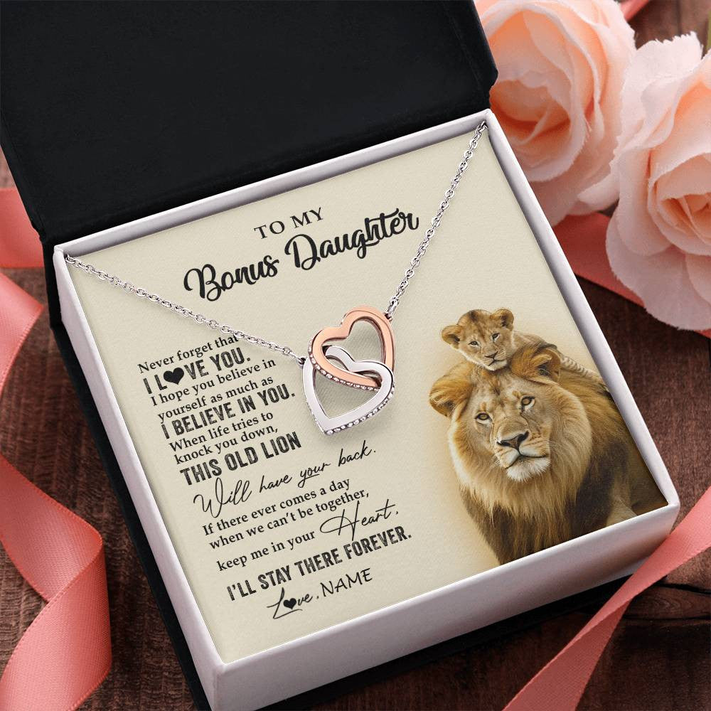 Interlocking Hearts Necklace Stainless Steel & Rose Gold Finish | 2 | Personalized To My Bonus Daughter Necklace From Stepdad This Old Lion Never Forget I Love You Stepdaughter Birthday Christmas Customized Gift Box Message Card | siriusteestore