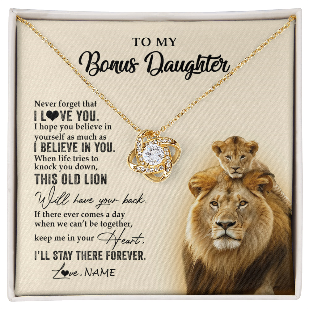 Love Knot Necklace 18K Yellow Gold Finish | 1 | Personalized To My Bonus Daughter Necklace From Stepdad This Old Lion Never Forget I Love You Stepdaughter Birthday Christmas Customized Gift Box Message Card | siriusteestore