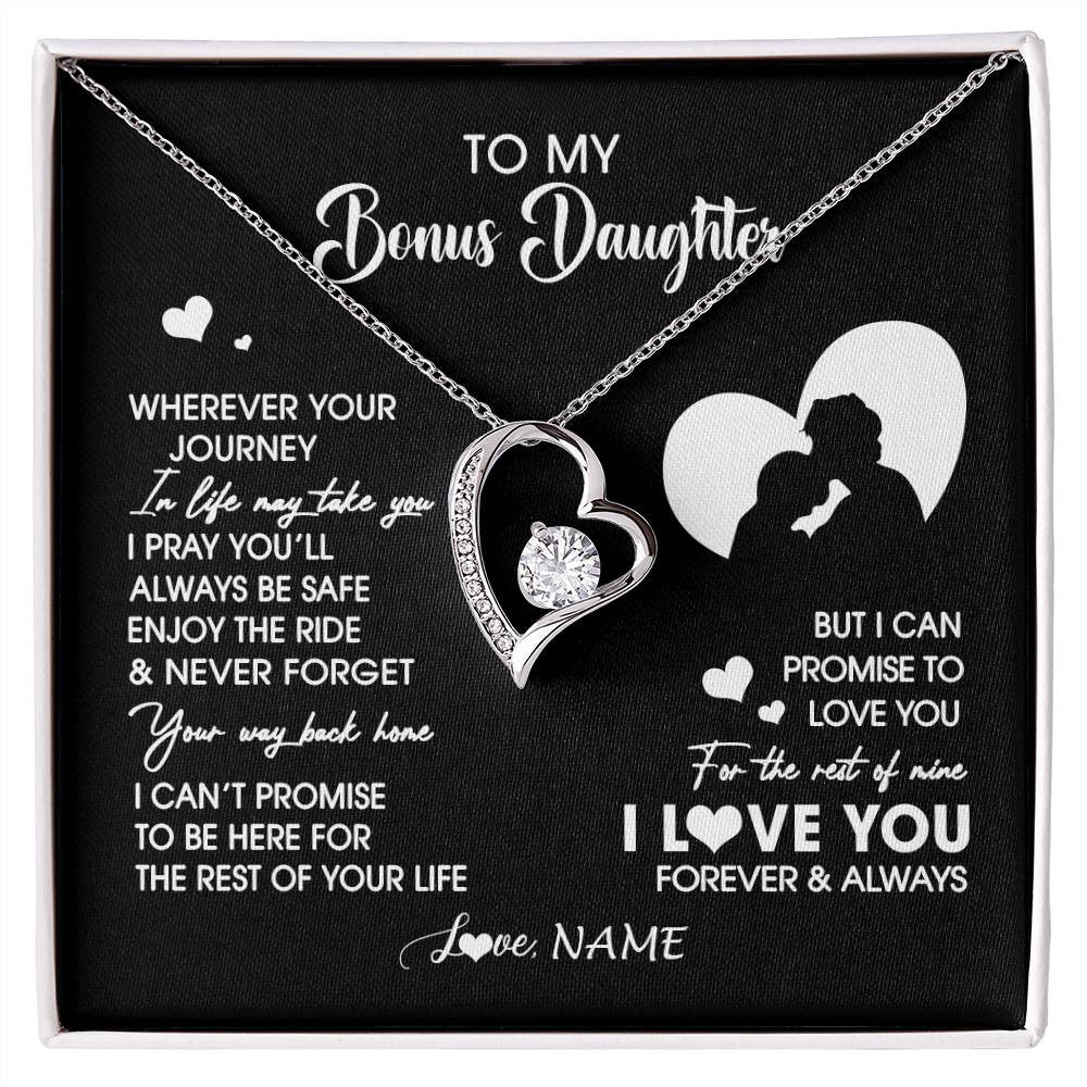 Forever Love Necklace 14K White Gold Finish | 1 | Personalized To My Bonus Daughter Necklace From Stepdad Wherever Your Journey Stepdaughter Birthday Gifts Graduation Christmas Customized Gift Box Message Card | siriusteestore