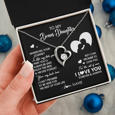 Forever Love Necklace 14K White Gold Finish | 2 | Personalized To My Bonus Daughter Necklace From Stepdad Wherever Your Journey Stepdaughter Birthday Gifts Graduation Christmas Customized Gift Box Message Card | siriusteestore