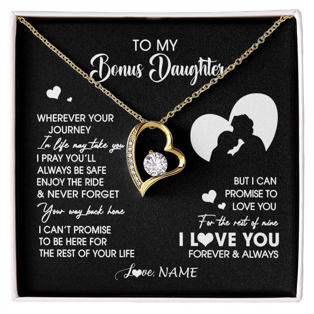 Forever Love Necklace 18K Yellow Gold Finish | 1 | Personalized To My Bonus Daughter Necklace From Stepdad Wherever Your Journey Stepdaughter Birthday Gifts Graduation Christmas Customized Gift Box Message Card | siriusteestore