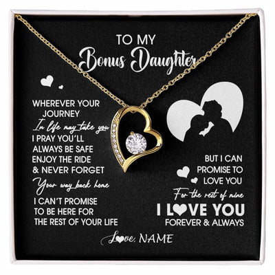 Forever Love Necklace 18K Yellow Gold Finish | 1 | Personalized To My Bonus Daughter Necklace From Stepdad Wherever Your Journey Stepdaughter Birthday Gifts Graduation Christmas Customized Gift Box Message Card | siriusteestore