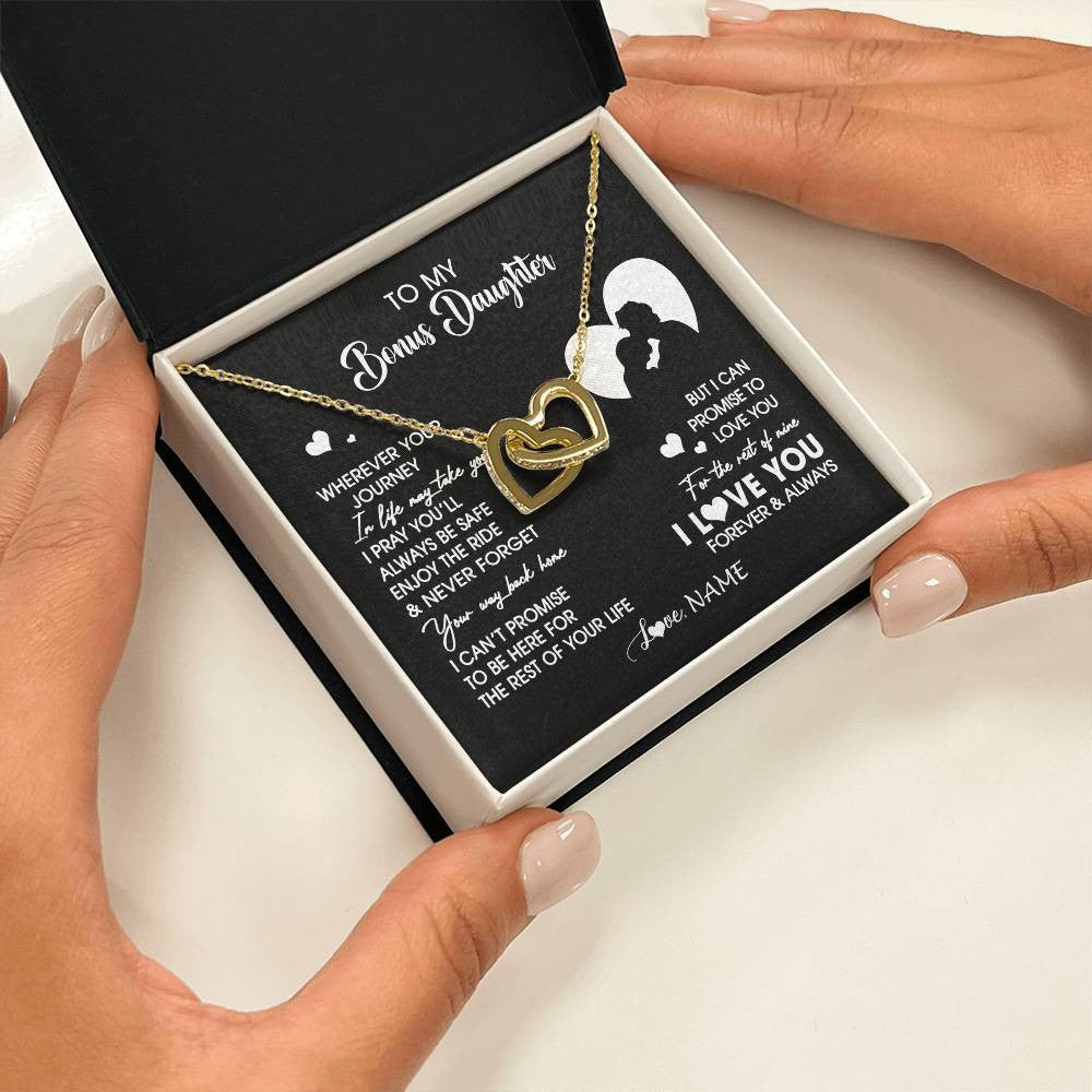 Interlocking Hearts Necklace 18K Yellow Gold Finish | 2 | Personalized To My Bonus Daughter Necklace From Stepdad Wherever Your Journey Stepdaughter Birthday Gifts Graduation Christmas Customized Gift Box Message Card | siriusteestore
