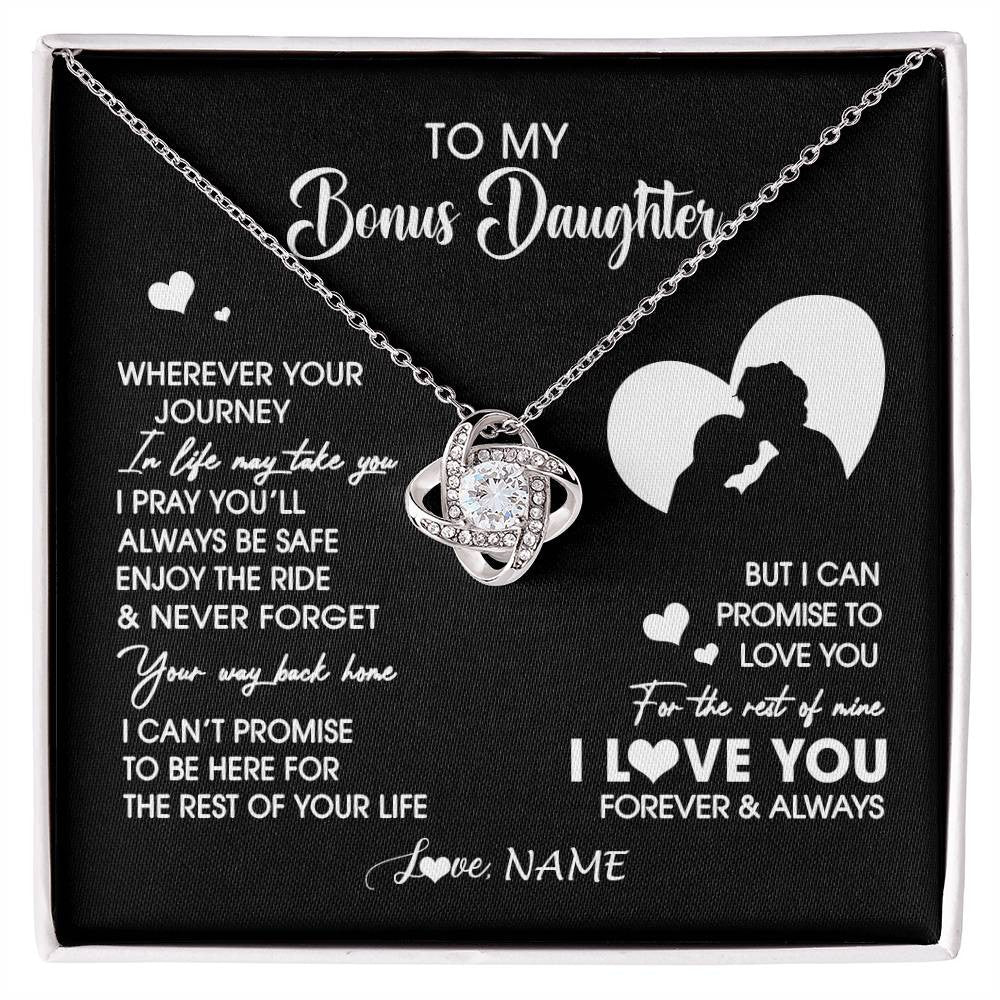 Love Knot Necklace 14K White Gold Finish | 1 | Personalized To My Bonus Daughter Necklace From Stepdad Wherever Your Journey Stepdaughter Birthday Gifts Graduation Christmas Customized Gift Box Message Card | siriusteestore