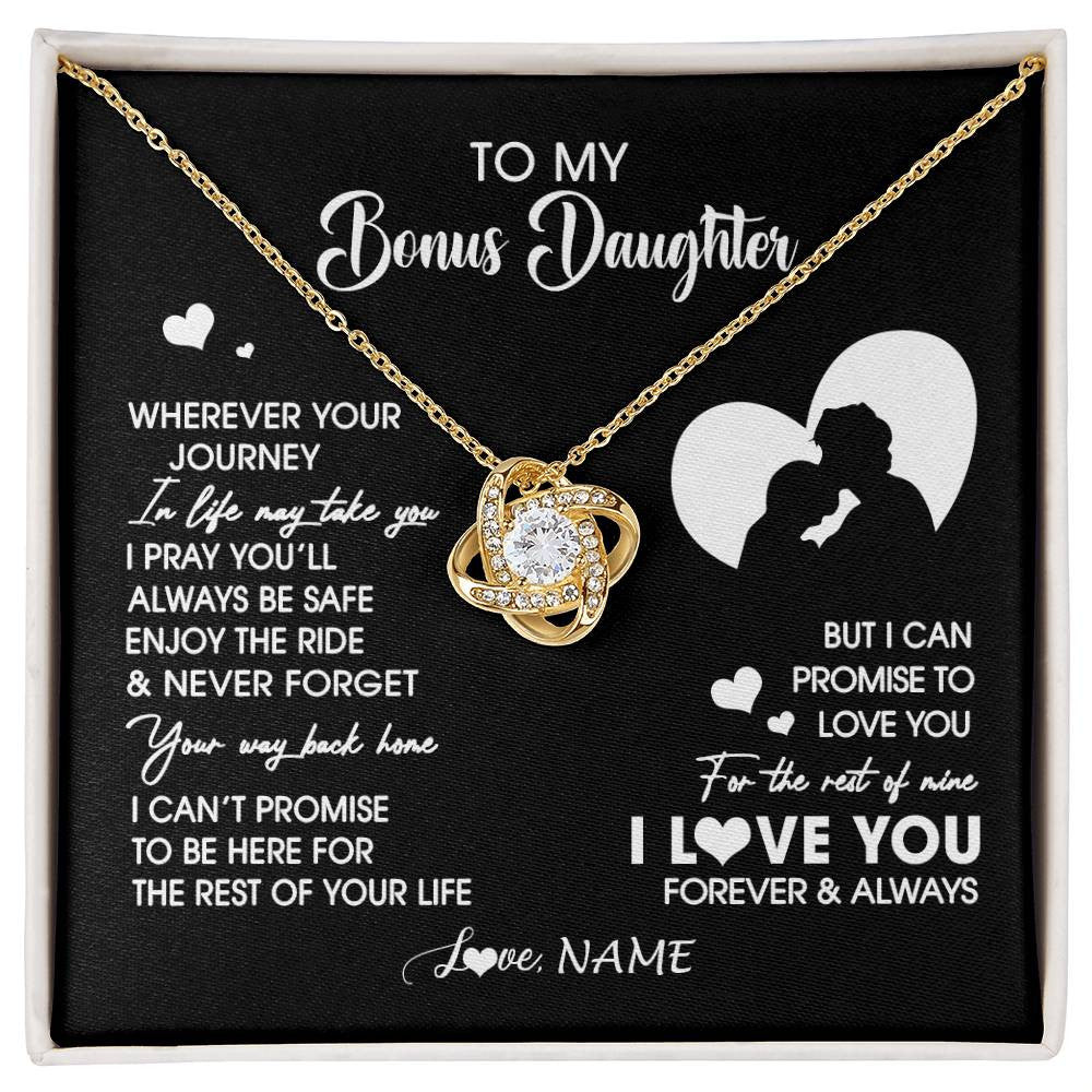 Love Knot Necklace 18K Yellow Gold Finish | 1 | Personalized To My Bonus Daughter Necklace From Stepdad Wherever Your Journey Stepdaughter Birthday Gifts Graduation Christmas Customized Gift Box Message Card | siriusteestore
