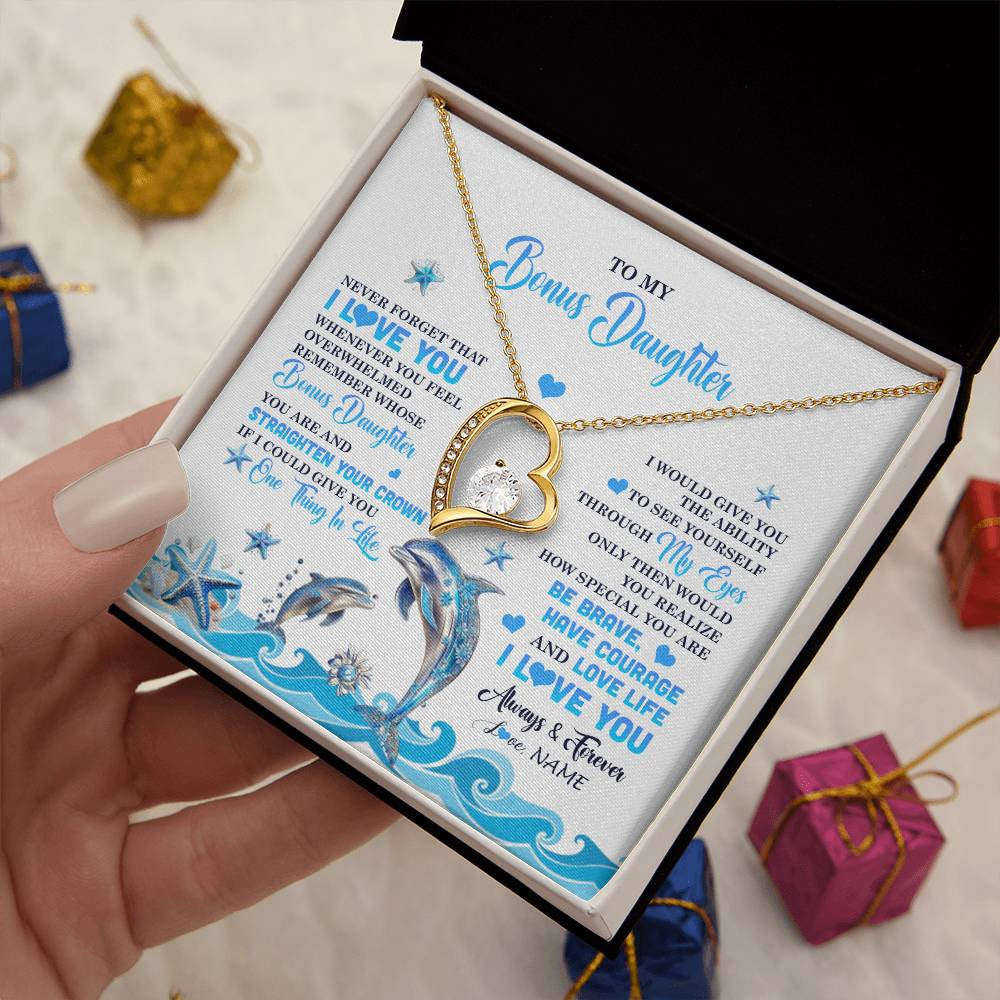 Forever Love Necklace 18K Yellow Gold Finish | 2 | Personalized To My Bonus Daughter Necklace From Stepdmom Dophin Never Forget I Love You Stepddaughter Birthday Gifts Christmas Customized Gift Box Message Card | siriusteestore